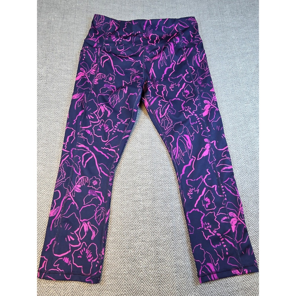 Avia Womens Navy Pink Floral High Waisted Capri Leggings Pockets Size M 8-10